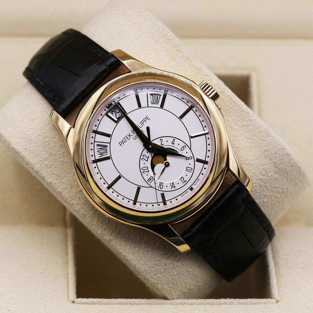 Patek Philippe Annual Calendar Opaline White Dial Brown Leather Mens Watch 5205R-001