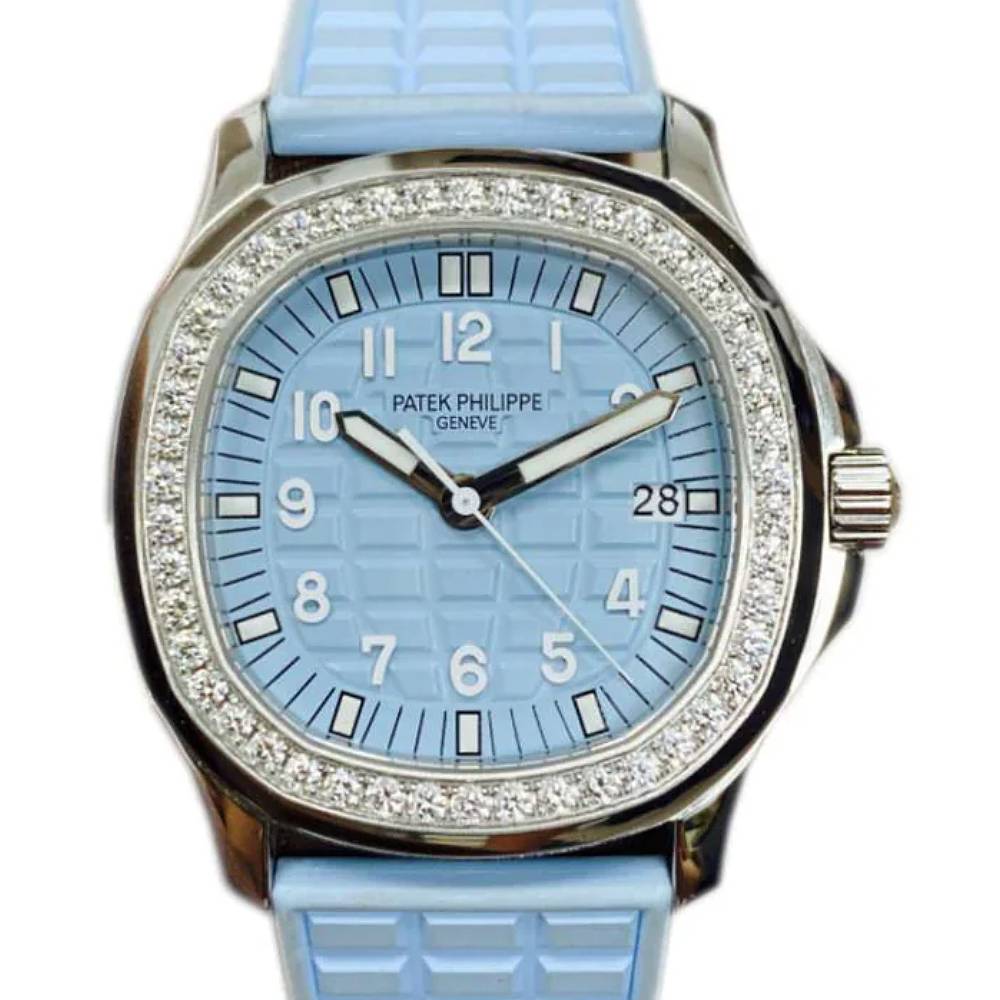 Patek Philippe Aquanaut Luce 35.6mm Watch - Ref: 5067A-017 - Ice Blue Dial & Diamond Bezel in Stainless Steel Case Baby Blue Polymer Rubber Strap