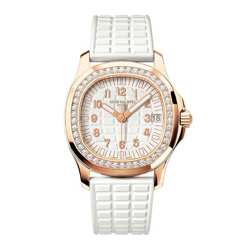 Patek Philippe Aquanaut Luce 35.6mm Watch - Ref: 5068R-010 - White Dial & Diamond Bezel in 18K Rose Gold White Polymer Rubber Strap