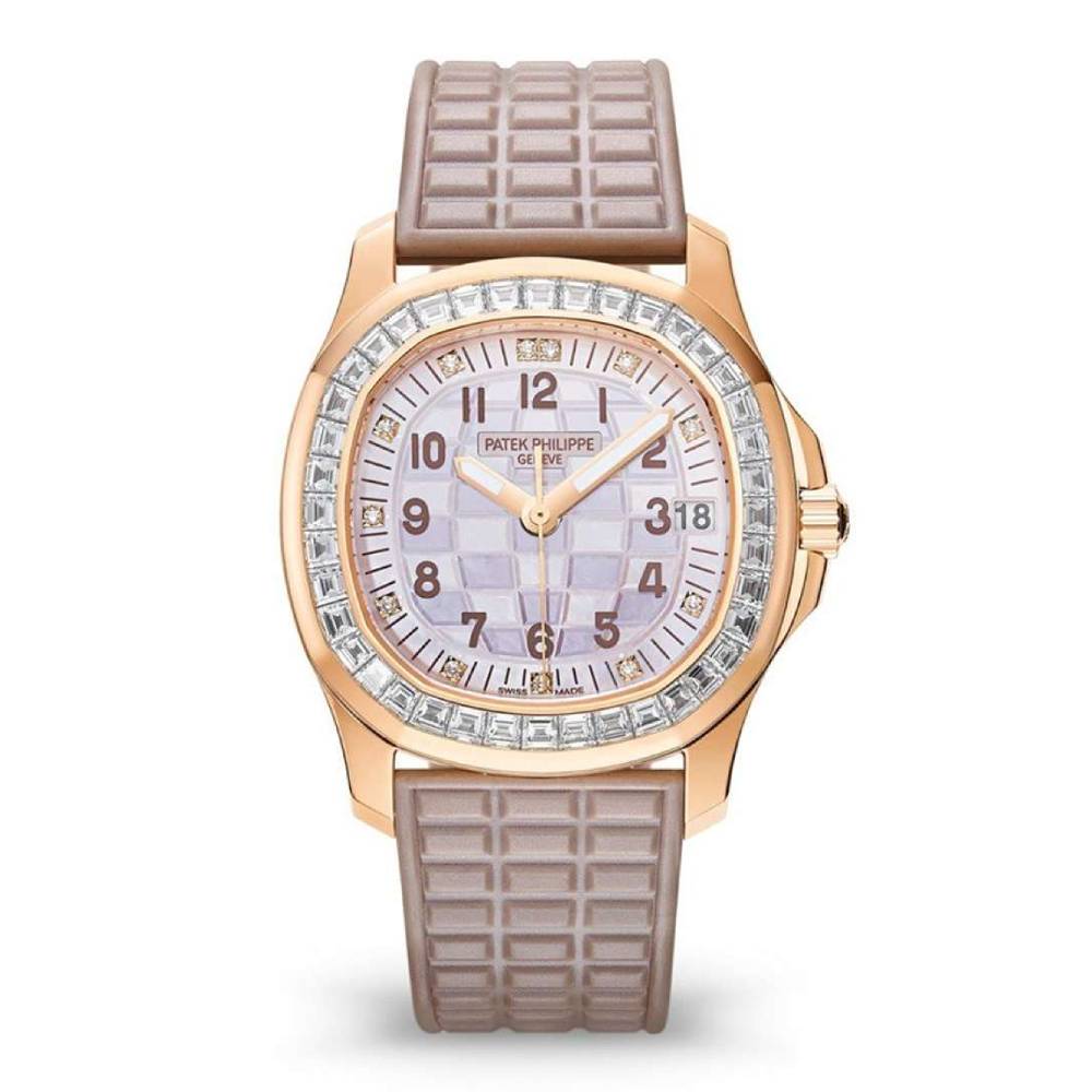 Patek Philippe Aquanaut Luce 35.6mm Watch - Ref: 5072R-001 - Beige Mother of Pearl Diamond Dial Bezel, 18K Rose Gold Pearly Beige Polymer Rubber Strap