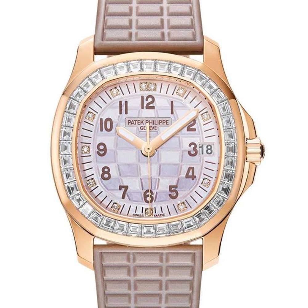 Patek Philippe Aquanaut Luce 35.6mm Watch - Ref: 5072R-001 - Beige Mother of Pearl Diamond Dial Bezel, 18K Rose Gold Pearly Beige Polymer Rubber Strap