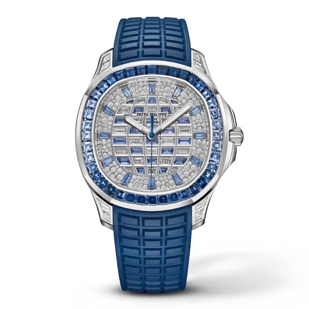 Patek Philippe Aquanaut Luce 38.8mm Watch - Ref: 5268/461G-001 - Pave Diamond & Sapphire Dial, Bezel & Case in 18K White Gold Dark Blue Composite Rubber Strap