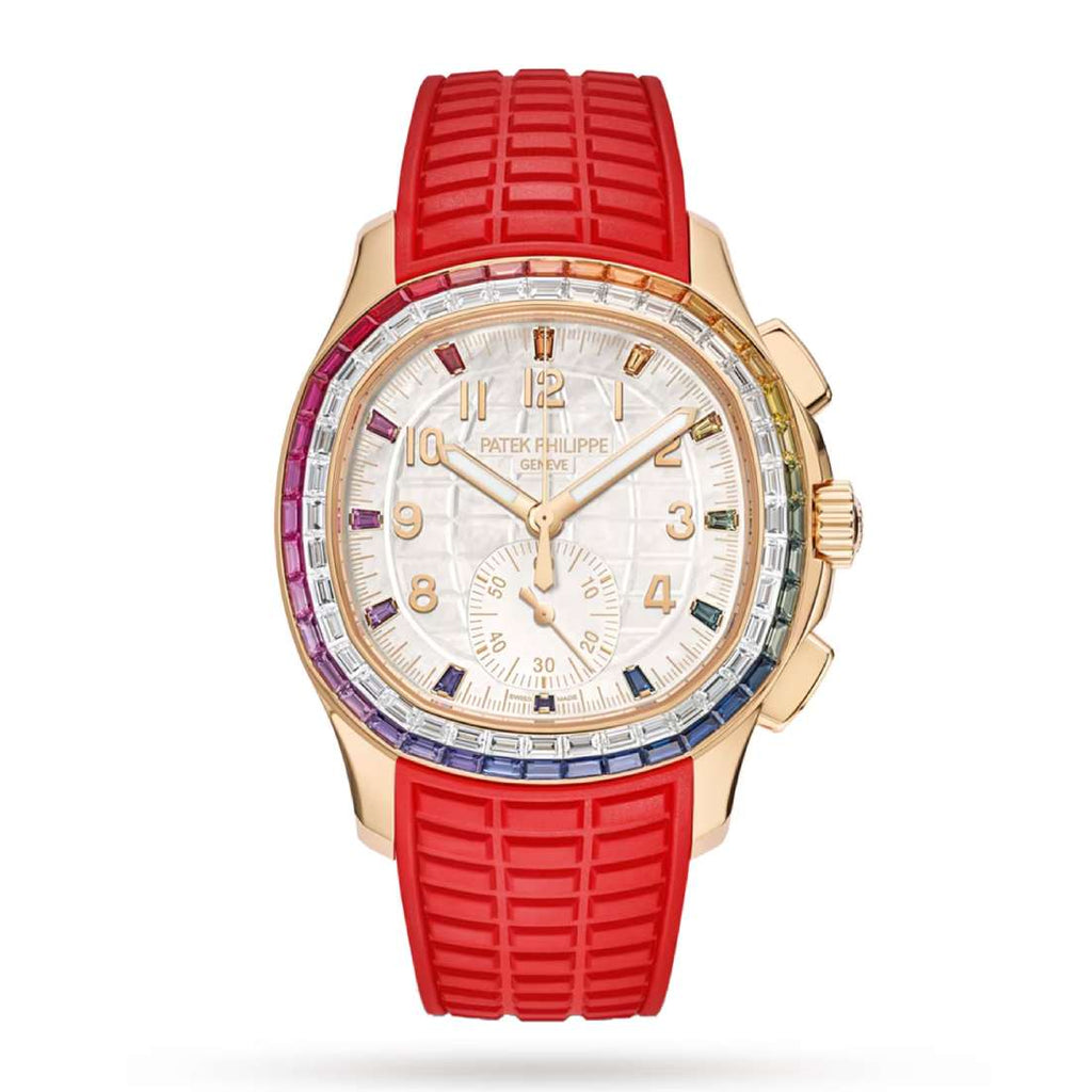 Patek Philippe Aquanaut Luce 40 mm | Red Rubber strap | White dial Gems/Diamonds bezel | 18k Everose gold Case Ladies Watch 7968/300R-001