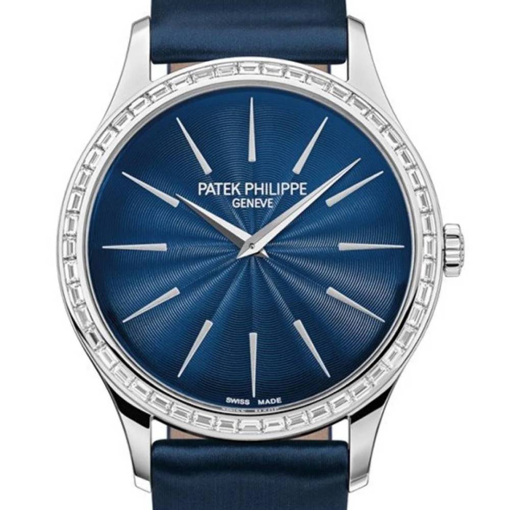 Patek Philippe Calatrava 33mm Watch - Ref: 4897-300G-001 - Night Blue Dial & Diamond Bezel in 18K White Gold Midnight Blue Brushed Calfskin Strap