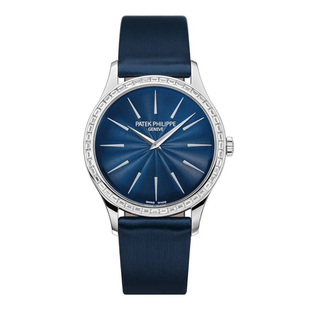 Patek Philippe Calatrava 33mm Watch - Ref: 4897-300G-001 - Night Blue Dial & Diamond Bezel in 18K White Gold Midnight Blue Brushed Calfskin Strap