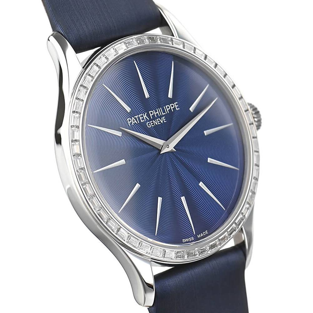 Patek Philippe Calatrava 33mm Watch - Ref: 4897-300G-001 - Night Blue Dial & Diamond Bezel in 18K White Gold Midnight Blue Brushed Calfskin Strap