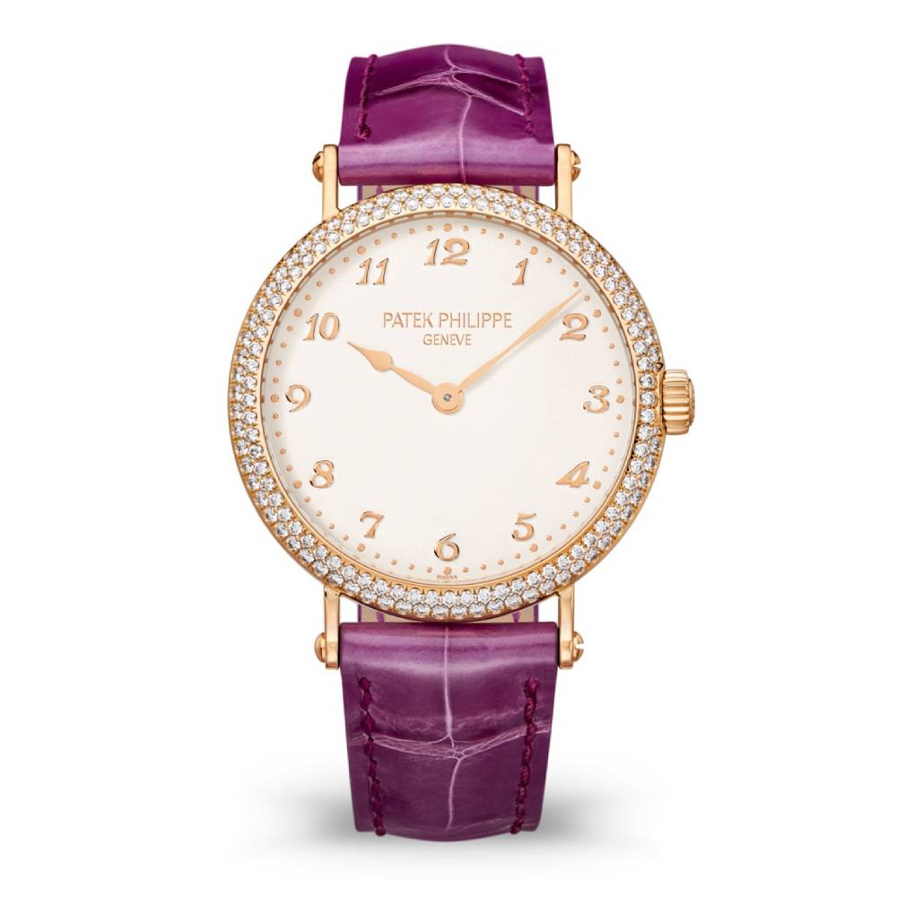 Patek Philippe Calatrava 34.6mm Watch - Ref: 7200-200R-001 - Silver Dial & Diamond Bezel in 18K Rose Gold Shiny Royal Purple Alligator Strap