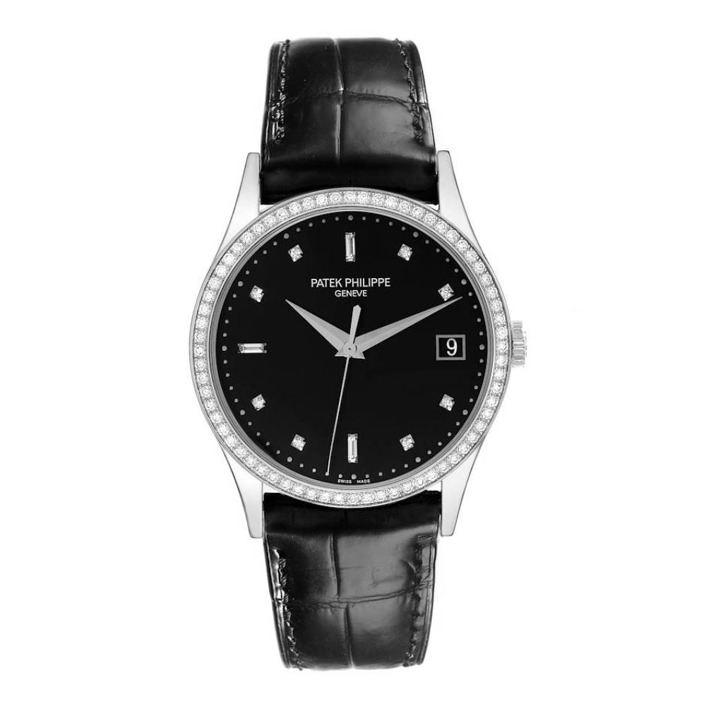 Patek Philippe Calatrava 38mm Watch - Ref: 5297G-001 - Black Diamond Dial & Diamond Bezel in 18K White Gold Black Alligator Strap