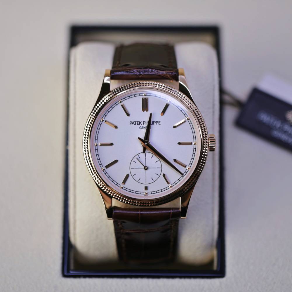 Patek Philippe Calatrava 39mm Watch - Ref: 6119R-001 - Silver Dial & Guilloche Bezel in 18K Rose Gold Shiny Chocolate Brown Alligator Strap