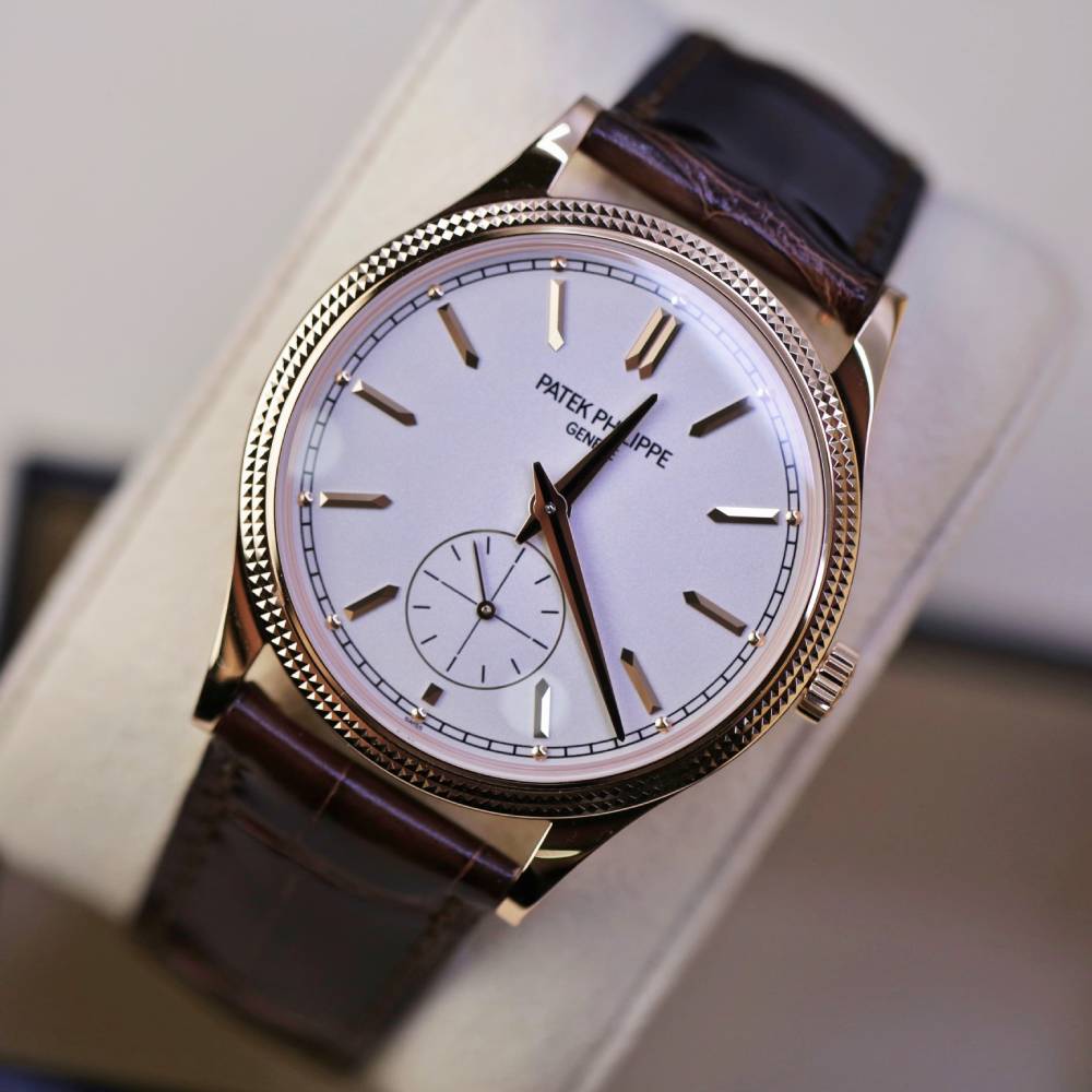 Patek Philippe Calatrava 39mm Watch - Ref: 6119R-001 - Silver Dial & Guilloche Bezel in 18K Rose Gold Shiny Chocolate Brown Alligator Strap