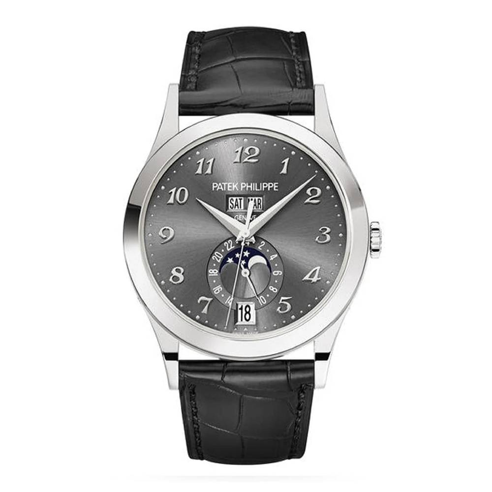 Patek Philippe Complications Annual Calendar 38.5mm Watch - Ref: 5396G-014 - Gray Moon-Phase Dial, 18K White Gold Black Leather Strap