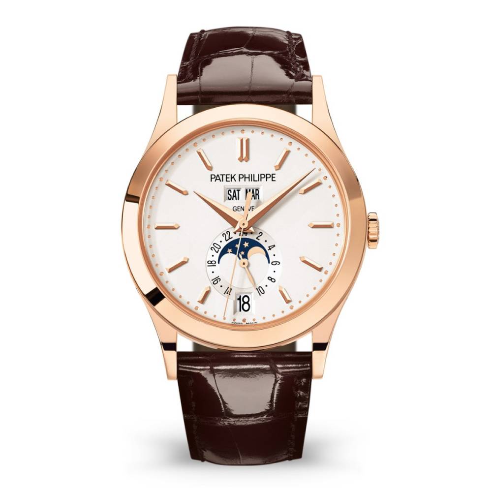 Patek Philippe Complications Annual Calendar 38.5mm Watch - Ref: 5396R-011 - Silver Moon-Phase Dial, 18K Rose Gold Brown Leather Strap