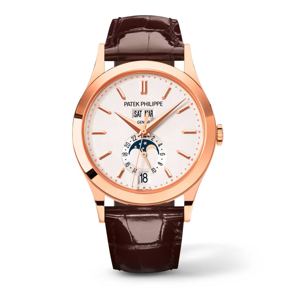 Patek Philippe Complications Annual Calendar 38.5mm Watch - Ref: 5396R-012 - Silver Moon-Phase Dial, 18K Rose Gold Brown Leather Strap