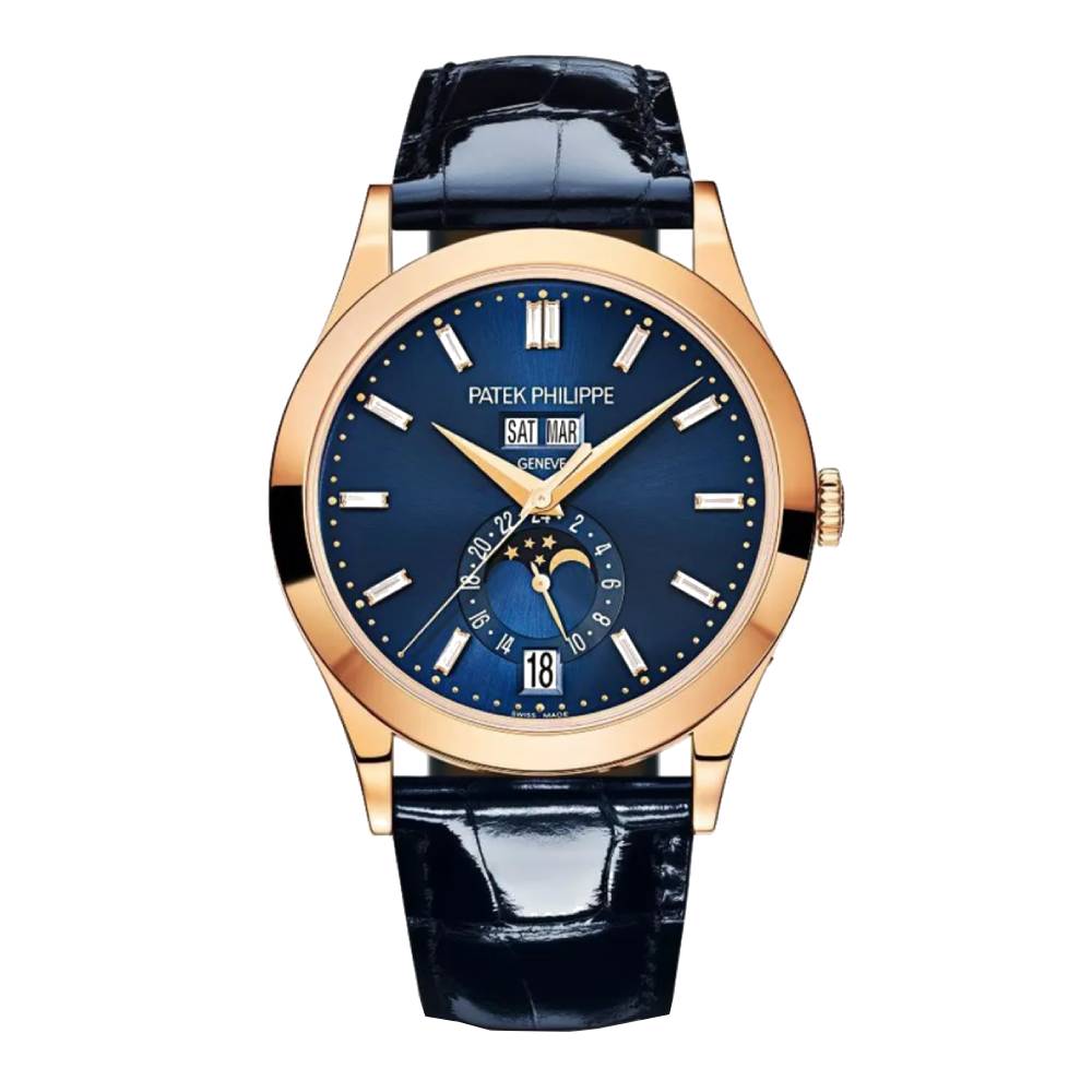 Patek Philippe Complications Annual Calendar 38.5mm Watch - Ref: 5396R-014 - Blue Moon-Phase Dial, 18K Rose Gold Blue Leather Strap