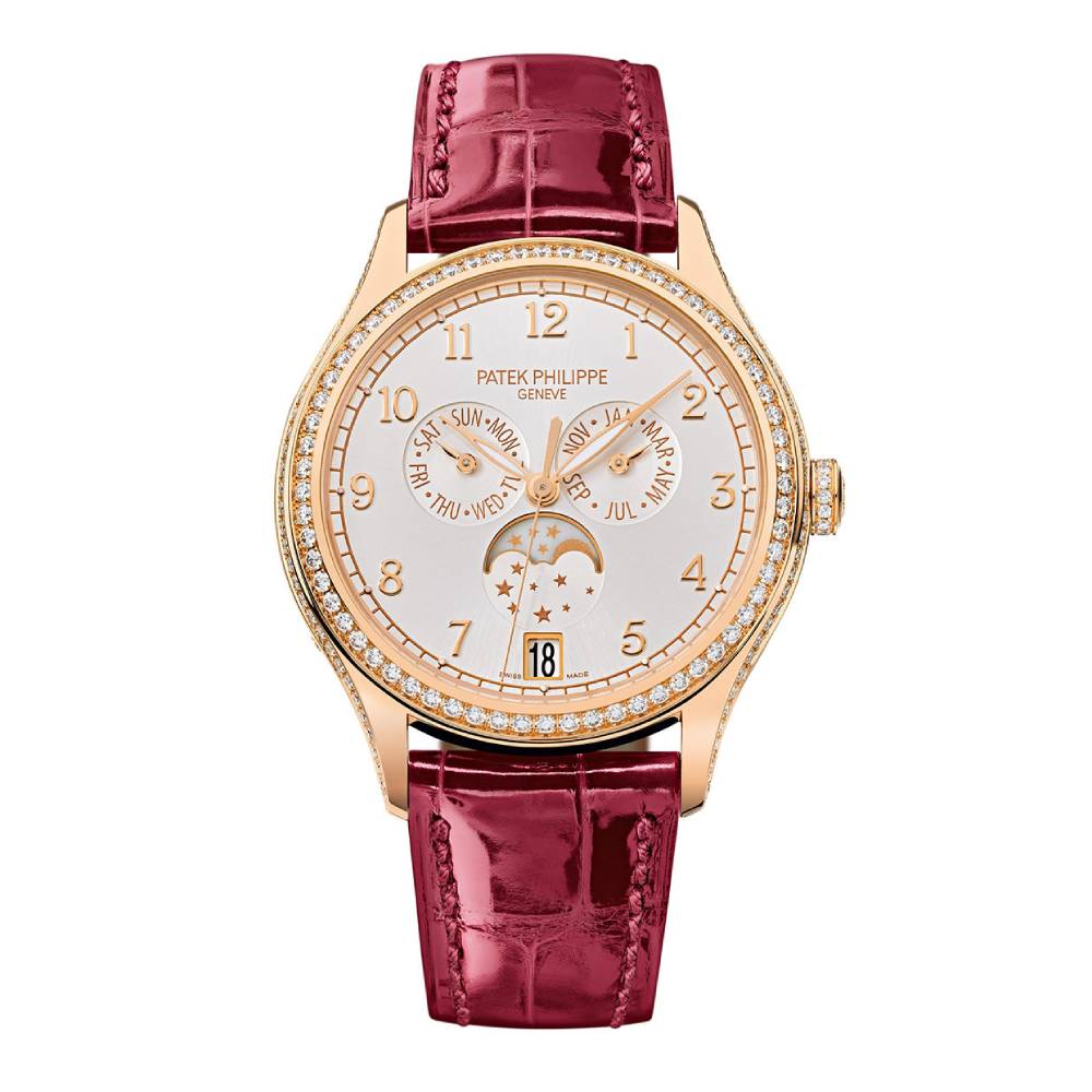 Patek Philippe Complications Annual Calendar 38mm Watch - Ref: 4947R-001 - Silver Dial & Diamond Bezel in 18K Rose Gold Shiny Violine Alligator Strap