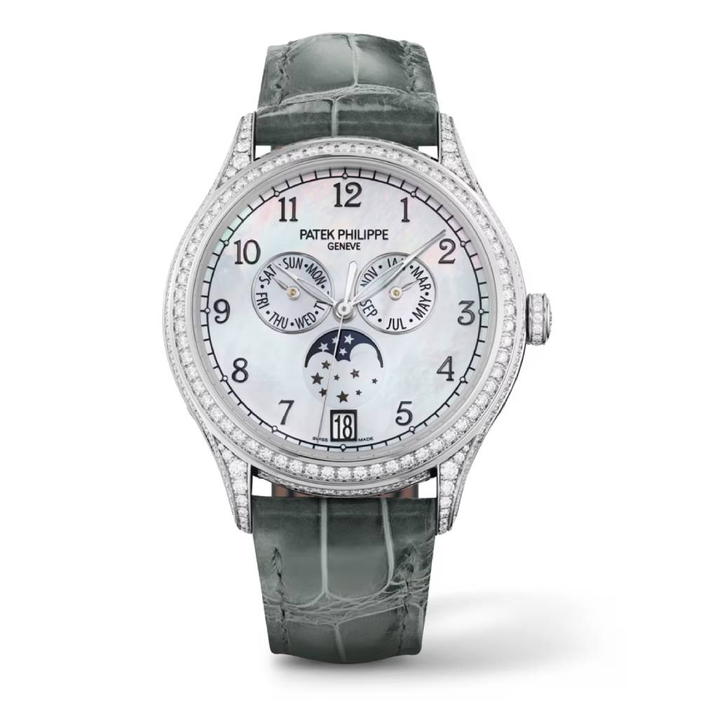 Patek Philippe Complications Annual Calendar 38mm Watch - Ref: 4948G-010 - White Mother of Pearl Moon-Phase Dial, 18K White Gold Black Leather Strap