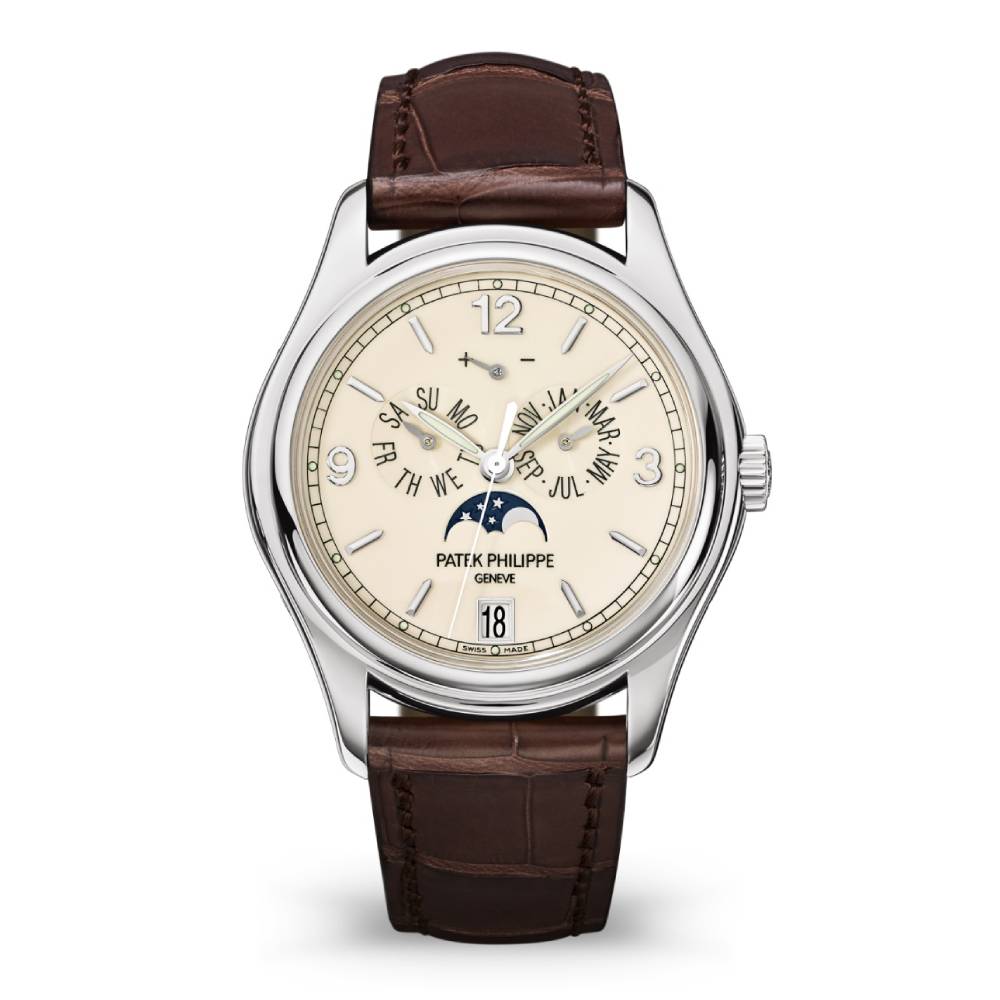 Patek Philippe Complications Annual Calendar 39mm Watch - Ref: 5146G-001 - Cream Moon-Phase Dial, 18K White Gold Brown Leather Strap