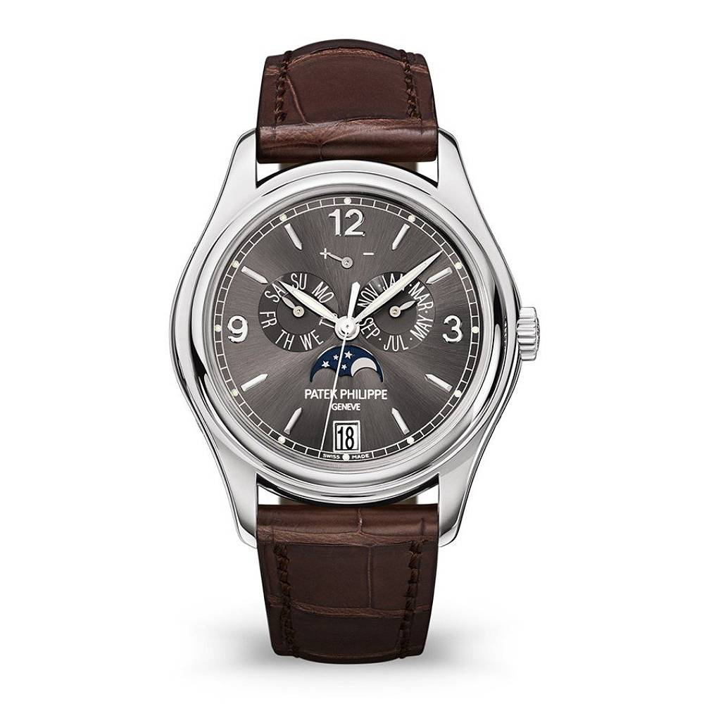 Patek Philippe Complications Annual Calendar 39mm Watch - Ref: 5146G-010 - Gray Moon-Phase Dial, 18K White Gold Brown Leather Strap