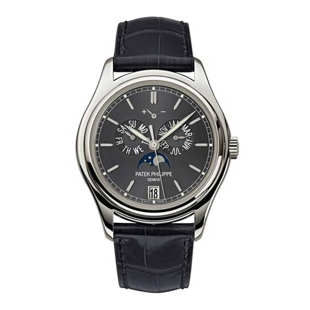 Patek Philippe Complications Annual Calendar 39mm Watch - Ref: 5146P-001 - Gray Black Moon-Phase Dial, Platinum Black Alligator Strap