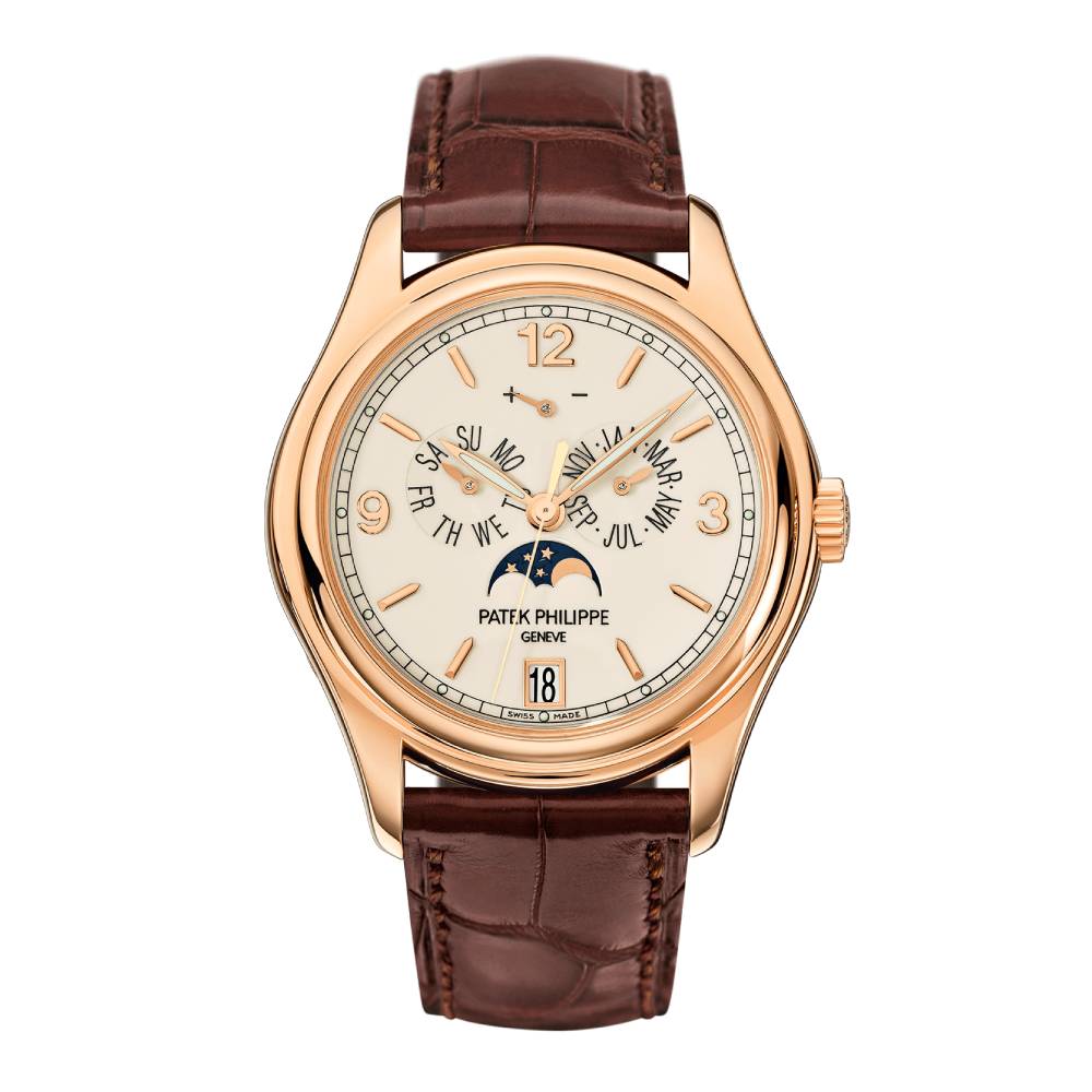 Patek Philippe Complications Annual Calendar 39mm Watch - Ref: 5146R-001 - Cream Moon-Phase Dial in 18K Rose Gold Brown Leather Strap