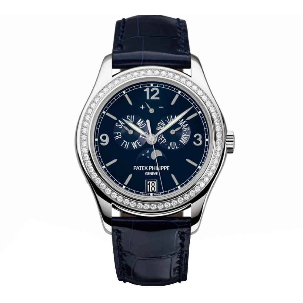 Patek Philippe Complications Annual Calendar 39mm Watch - Ref: 5147G-001 - Blue Moon-Phase Dial, 18K White Gold Blue Leather Strap