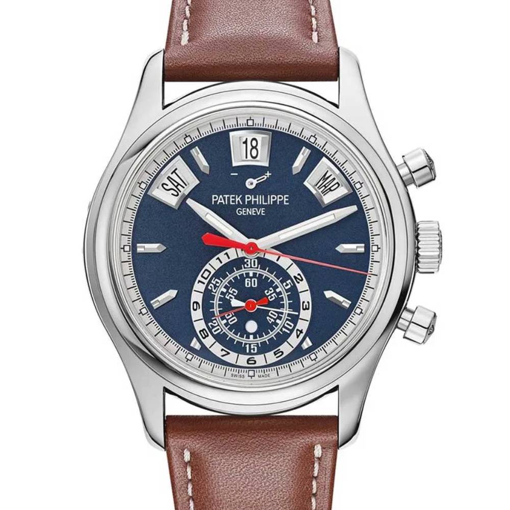 Patek Philippe Complications Annual Calendar Chronograph 40.5mm Watch - Ref: 5960/01G-001 - Blue Dial, 18K White Gold Brown Leather Strap