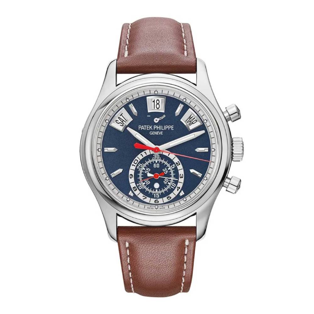 Patek Philippe Complications Annual Calendar Chronograph 40.5mm Watch - Ref: 5960/01G-001 - Blue Dial, 18K White Gold Brown Leather Strap