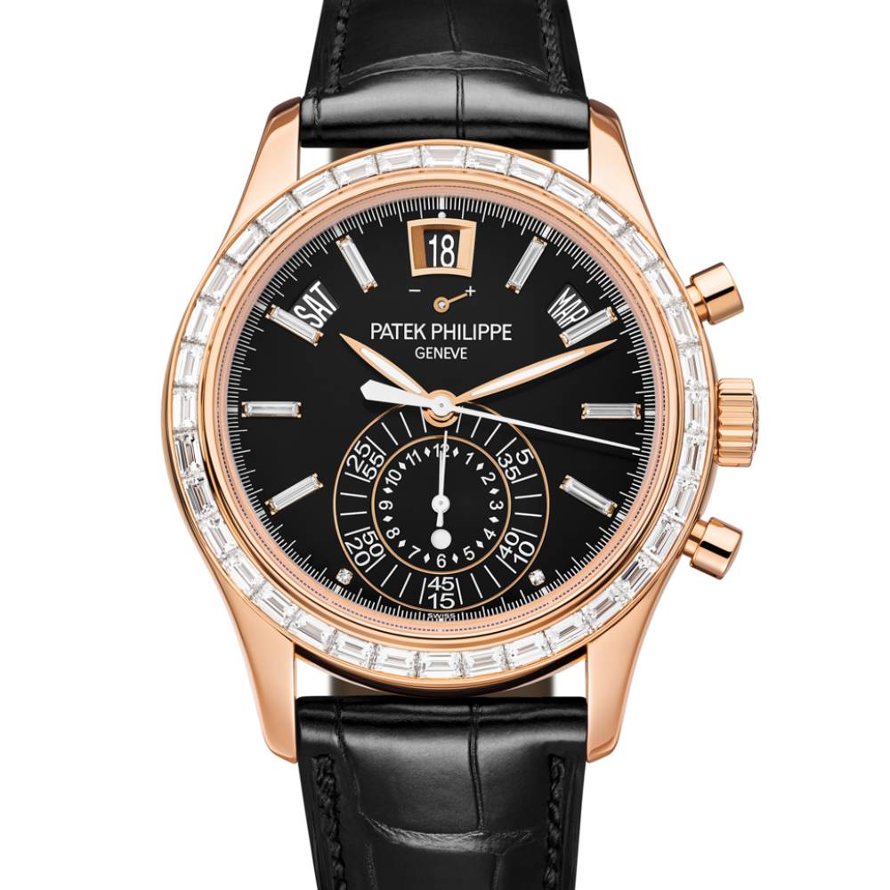 Patek Philippe Complications Annual Calendar Chronograph 40.5mm Watch - Ref: 5961R-010 - Black Dial, 18K Rose Gold Black Leather Strap