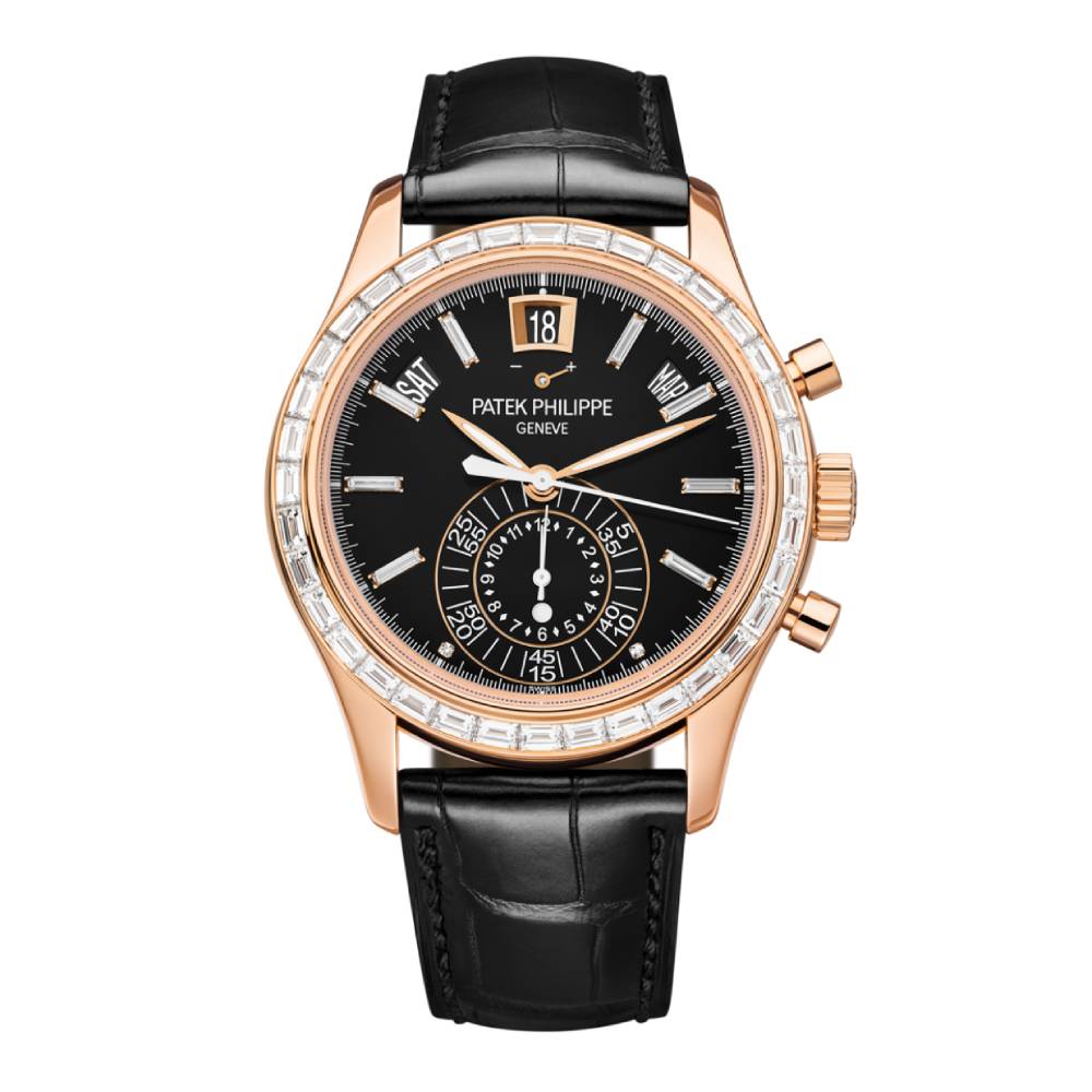 Patek Philippe Complications Annual Calendar Chronograph 40.5mm Watch - Ref: 5961R-010 - Black Dial, 18K Rose Gold Black Leather Strap