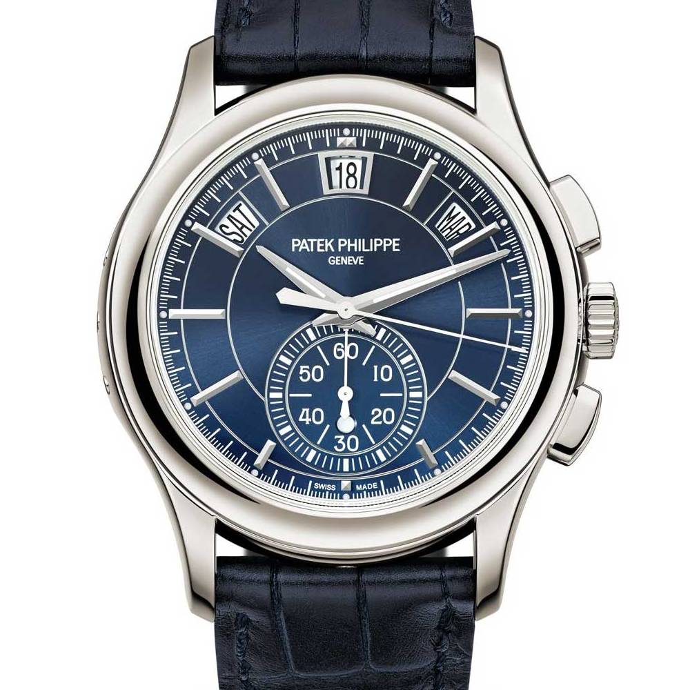 Patek Philippe Complications Annual Calendar Chronograph 42mm Watch - Ref: 5905P-001 - Blue Dial, Platinum Black Leather Strap