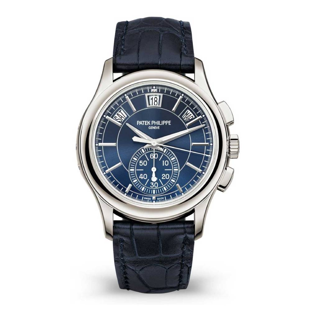 Patek Philippe Complications Annual Calendar Chronograph 42mm Watch - Ref: 5905P-001 - Blue Dial, Platinum Black Leather Strap