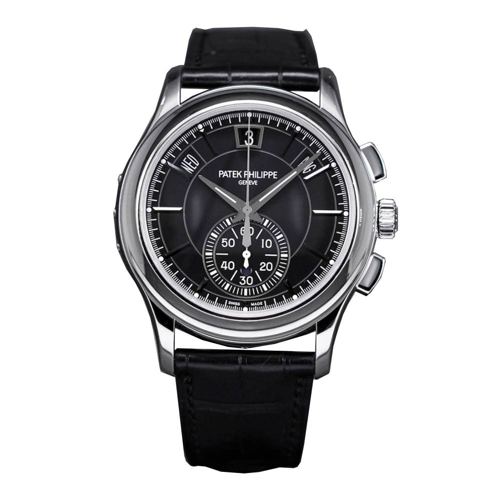 Patek Philippe Complications Annual Calendar Chronograph 42mm Watch - Ref: 5905P-010 - Gray Black Dial, Platinum Black Leather Strap