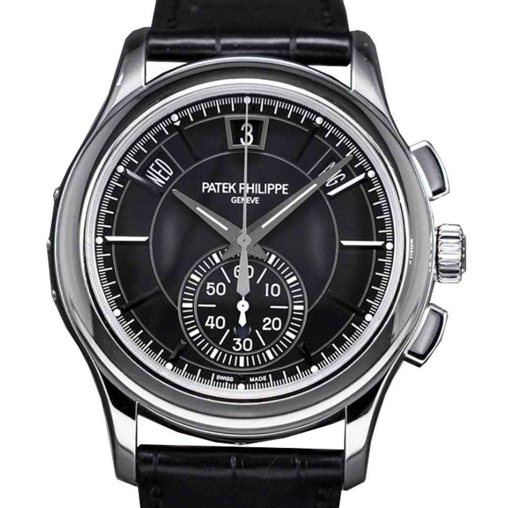 Patek Philippe Complications Annual Calendar Chronograph 42mm Watch - Ref: 5905P-010 - Gray Black Dial, Platinum Black Leather Strap