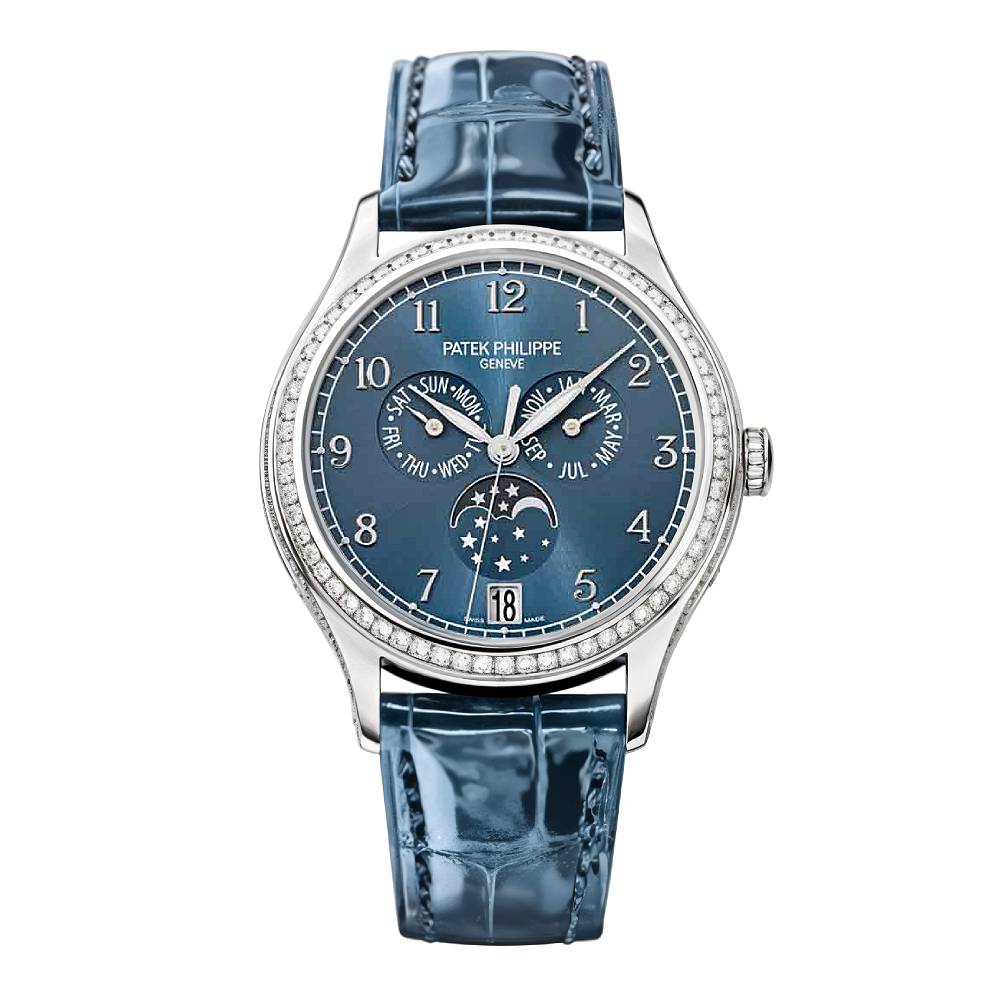 Patek Philippe Complications Annual Calendar Ladies 38mm Women's Watch - Ref: 4947G-001 - Blue Moon-Phase Dial & Diamond Bezel in 18K White Gold Shiny Peacock Blue Alligator Strap