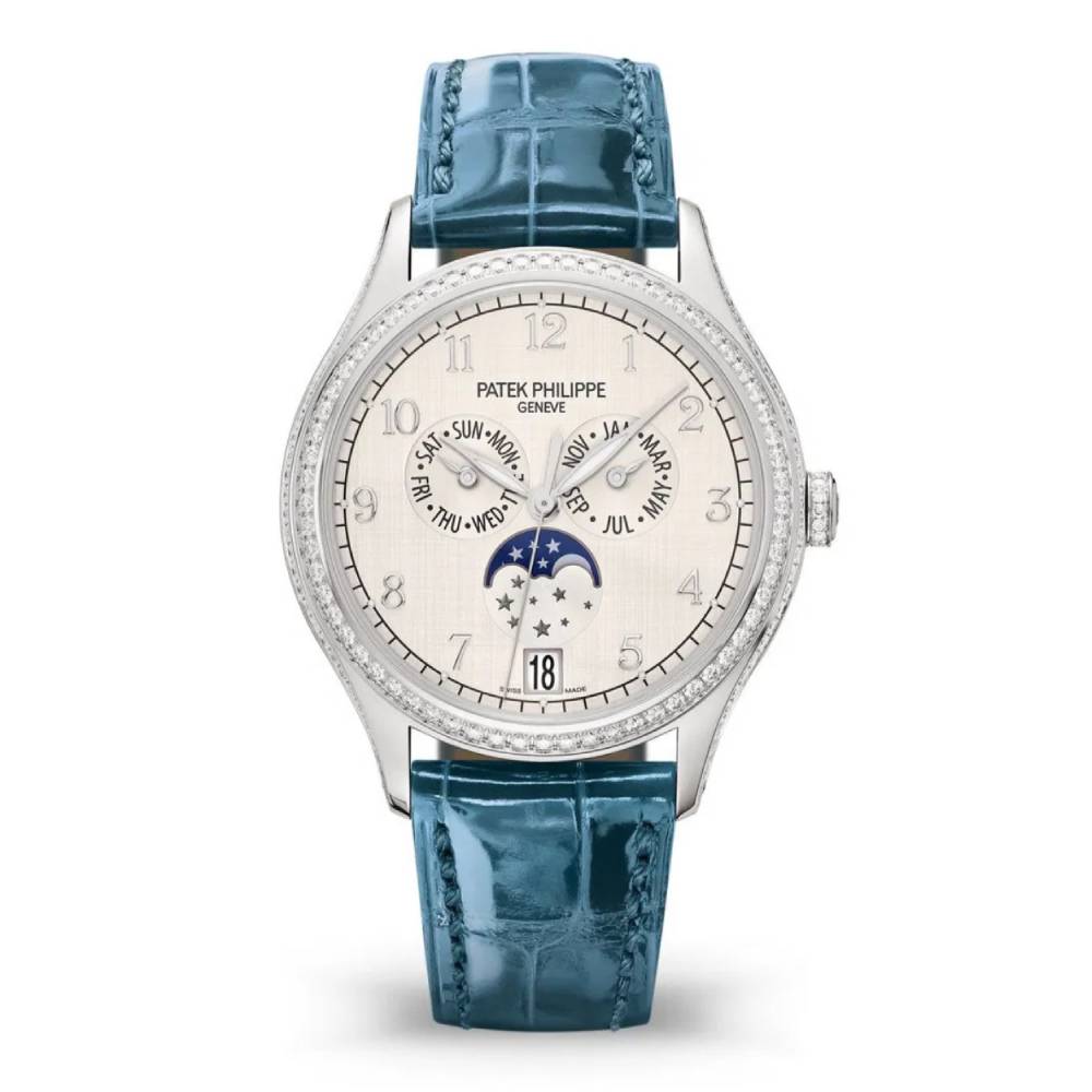 Patek Philippe Complications Annual Calendar Ladies 38mm Women's Watch - Ref: 4947G-010 - Silver Moon-Phase Dial & Diamond Bezel in 18K White Gold Shiny Peacock Blue Alligator Strap