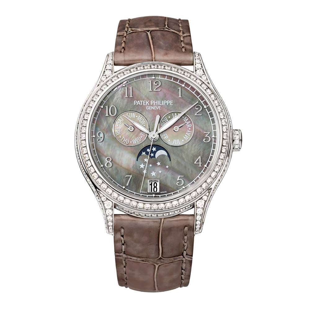 Patek Philippe Complications Annual Calendar 38mm Watch - Ref: 4948G-001 - Black Mother of Pearl Moon-Phase Dial, 18K White Gold Brown Leather Strap