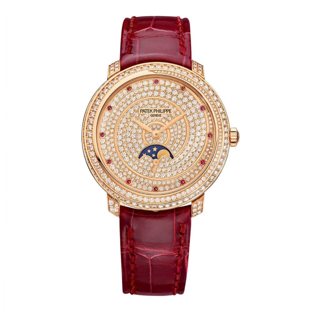 Patek Philippe Complications Ladies 33.3mm Women's Watch - Ref: 4968/400R-001 - Diamond Pave Moon-Phase Dial in 18K Rose Gold Red Alligator Strap