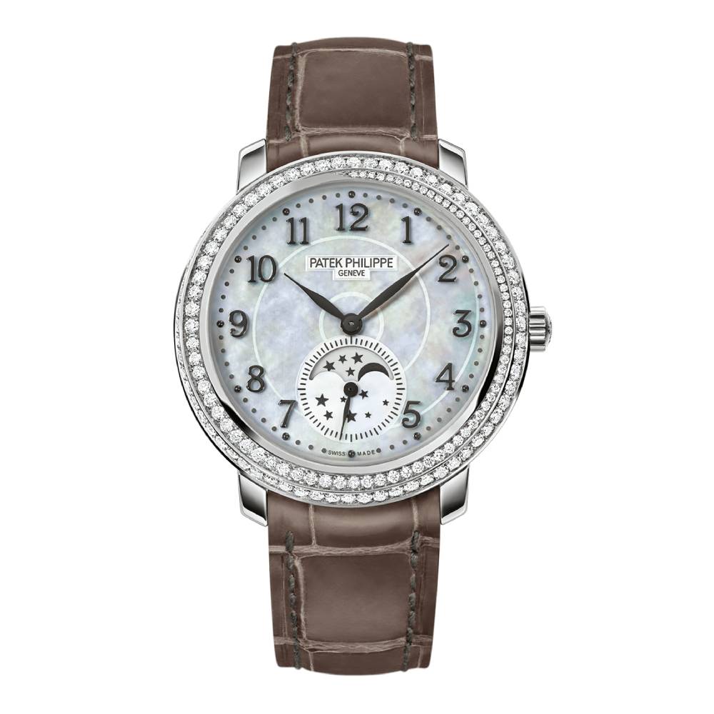 Patek Philippe Complications Ladies 33mm Women's Watch - Ref: 4968G-010 - White Mother of Pearl Moon-Phase Dial & Diamond Bezel in 18K White Gold Taupe Leather Strap