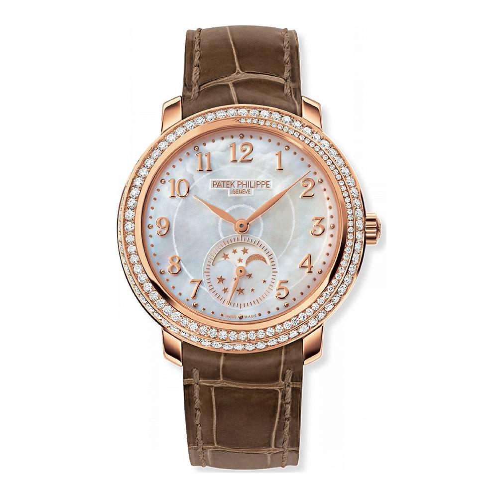 Patek Philippe Complications Ladies 33mm Women's Watch - Ref: 4968R-001 - White Mother of Pearl Moon-Phase Dial & Diamond Bezel in 18K Rose Gold Taupe Leather Strap