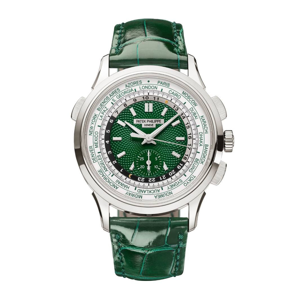 Patek Philippe Complications World Time Flyback Chronograph 39.5mm | Green Alligator Strap bracelet | Green dial | Platinum Case Men's Watch 5930P-001