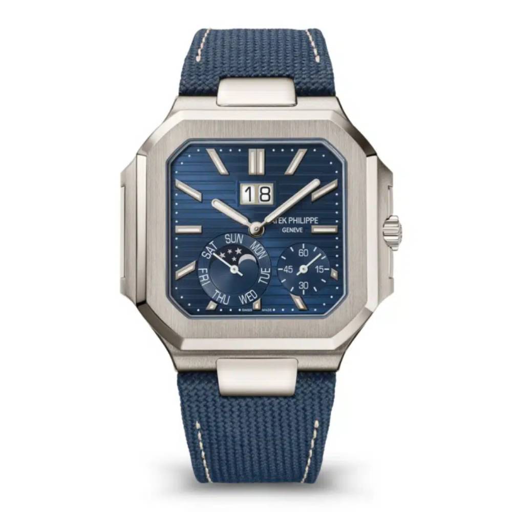 Patek Philippe Cubitus 45 mm Men's Watch - Ref: 5822P-001 - Grand Sunburst Blue Dial, Platinum Case, Navy Blue Strap Bracelet