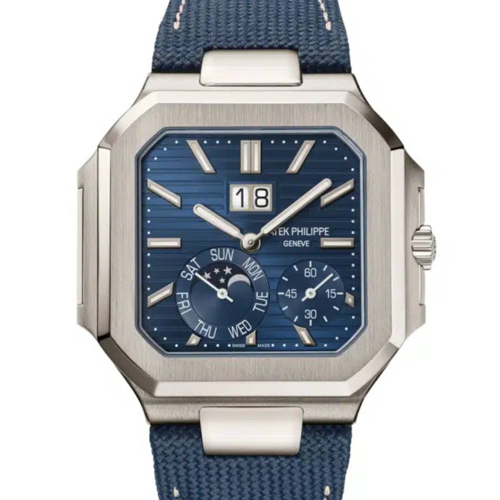 Patek Philippe Cubitus 45 mm Men's Watch - Ref: 5822P-001 - Grand Sunburst Blue Dial, Platinum Case, Navy Blue Strap Bracelet