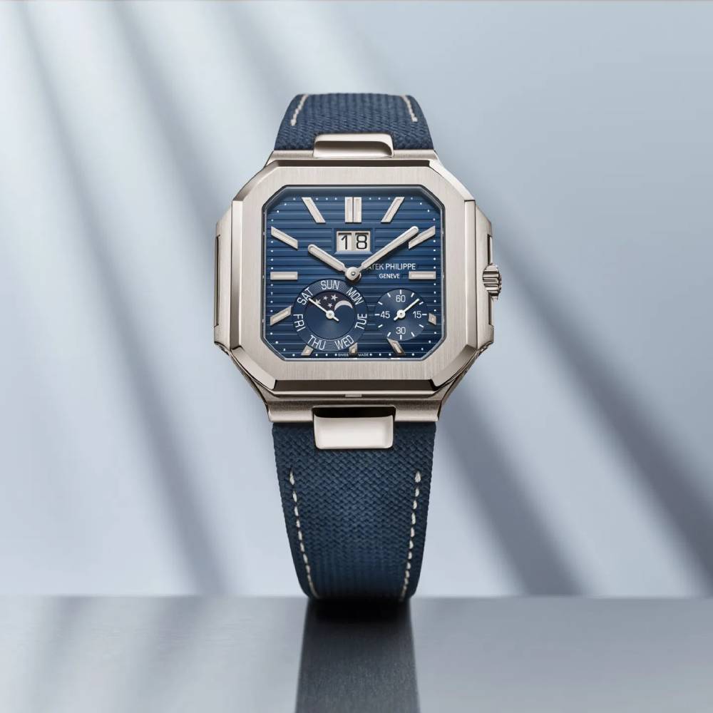 Patek Philippe Cubitus 45 mm Men's Watch - Ref: 5822P-001 - Grand Sunburst Blue Dial, Platinum Case, Navy Blue Strap Bracelet