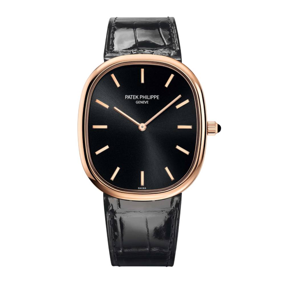 Patek Philippe Golden Ellipse 39.5mm Watch - Ref: 5738R-001 - Black Dial in 18K Rose Gold Shiny Black Alligator Strap