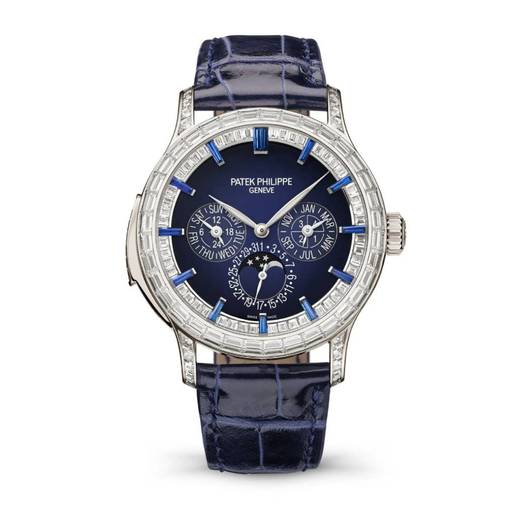 Patek Philippe Grand Complication 42 mm | Shiny dusk blue Alligator strap | Blue-lacquered dial Diamond bezel | Platinum Case Men's Watch 5374/300P-001