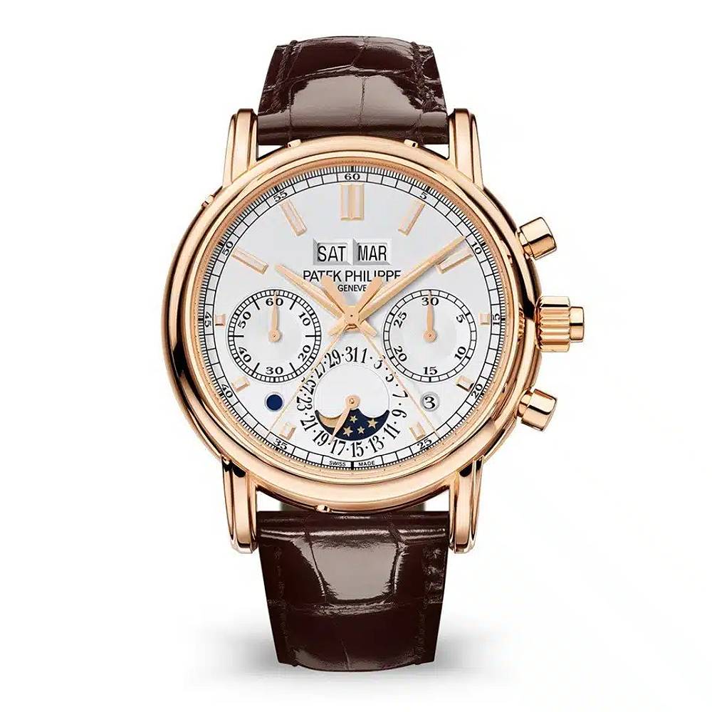 Patek Philippe Grand Complications Chronograph Perpetual Calendar 40.2mm Watch - Ref: 5204R-001 - Silver White Moon-Phase Dial in 18K Rose Gold Shiny Chocolate Brown Alligator Strap