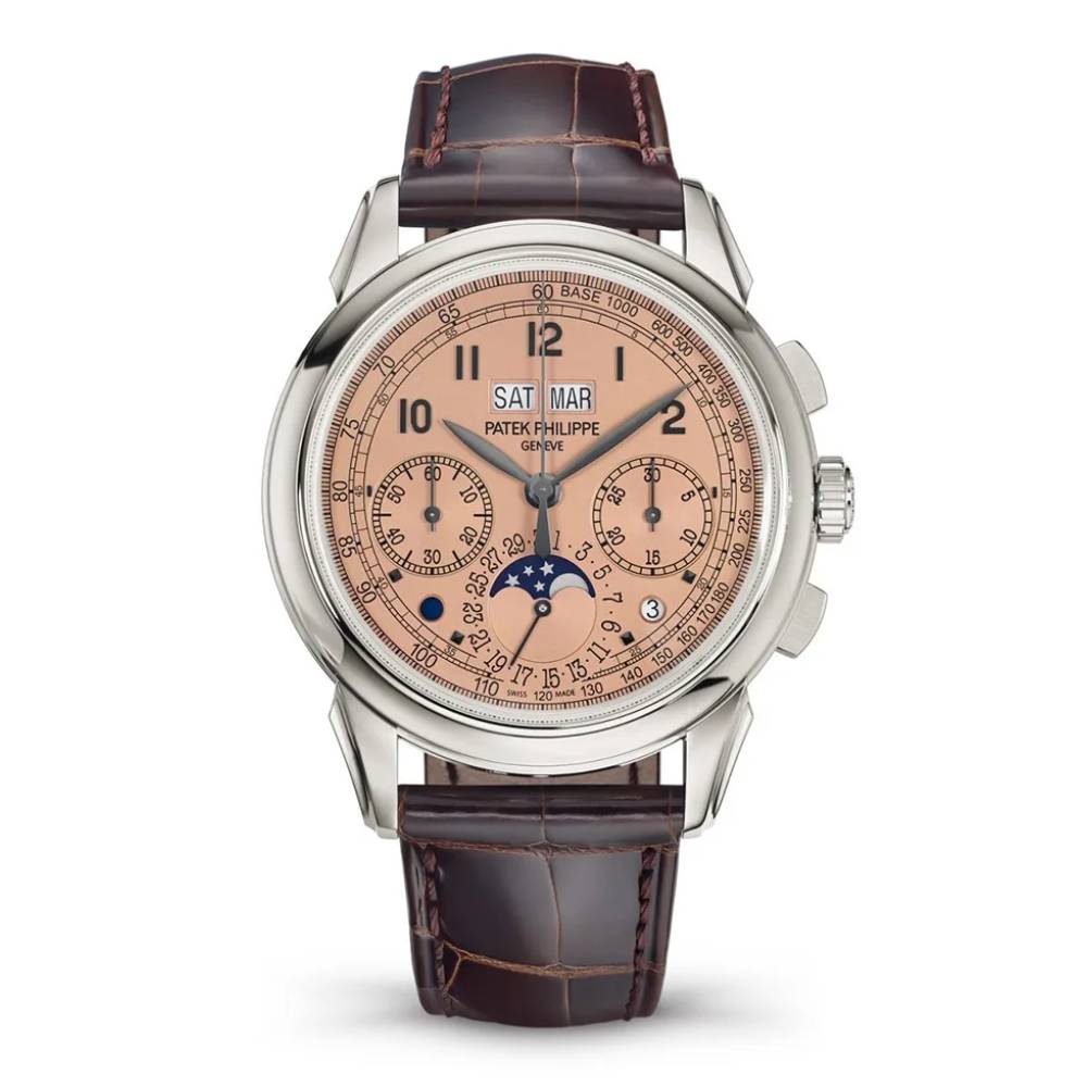 Patek Philippe Grand Complications Chronograph Perpetual Calendar 41mm Watch - Ref: 5270P-001 - Golden Opaline Moon-Phase Dial in Platinum Brown Leather Strap