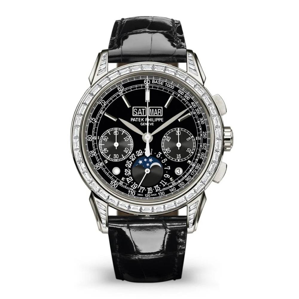 Patek Philippe Grand Complications Chronograph Perpetual Calendar 41mm Watch - Ref: 5271P-001 - Black Moon-Phase Dial & Diamond Bezel in Platinum Case, Shiny Black Alligator Strap