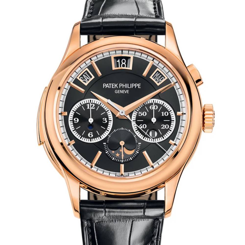 Patek Philippe Grand Complications Chronograph Perpetual Calendar 42mm Watch - Ref: 5208R-001 - Black Moon-Phase Dial in 18K Rose Gold Matte Black Alligator Strap