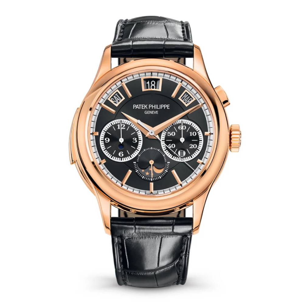 Patek Philippe Grand Complications Chronograph Perpetual Calendar 42mm Watch - Ref: 5208R-001 - Black Moon-Phase Dial in 18K Rose Gold Matte Black Alligator Strap